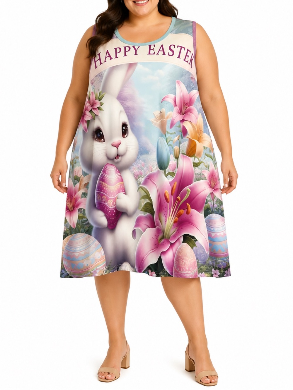 Plus Size Happy Easter bunny rabbit floral print sleeveless shift dress size 5XL